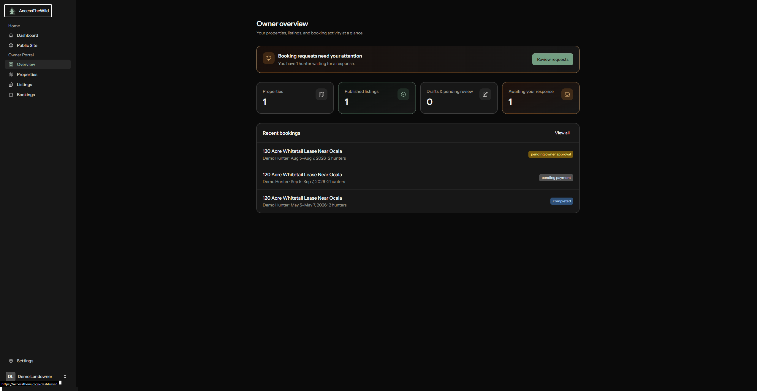 AccessTheWild landowner portal dashboard with properties, listings, and booking requests.