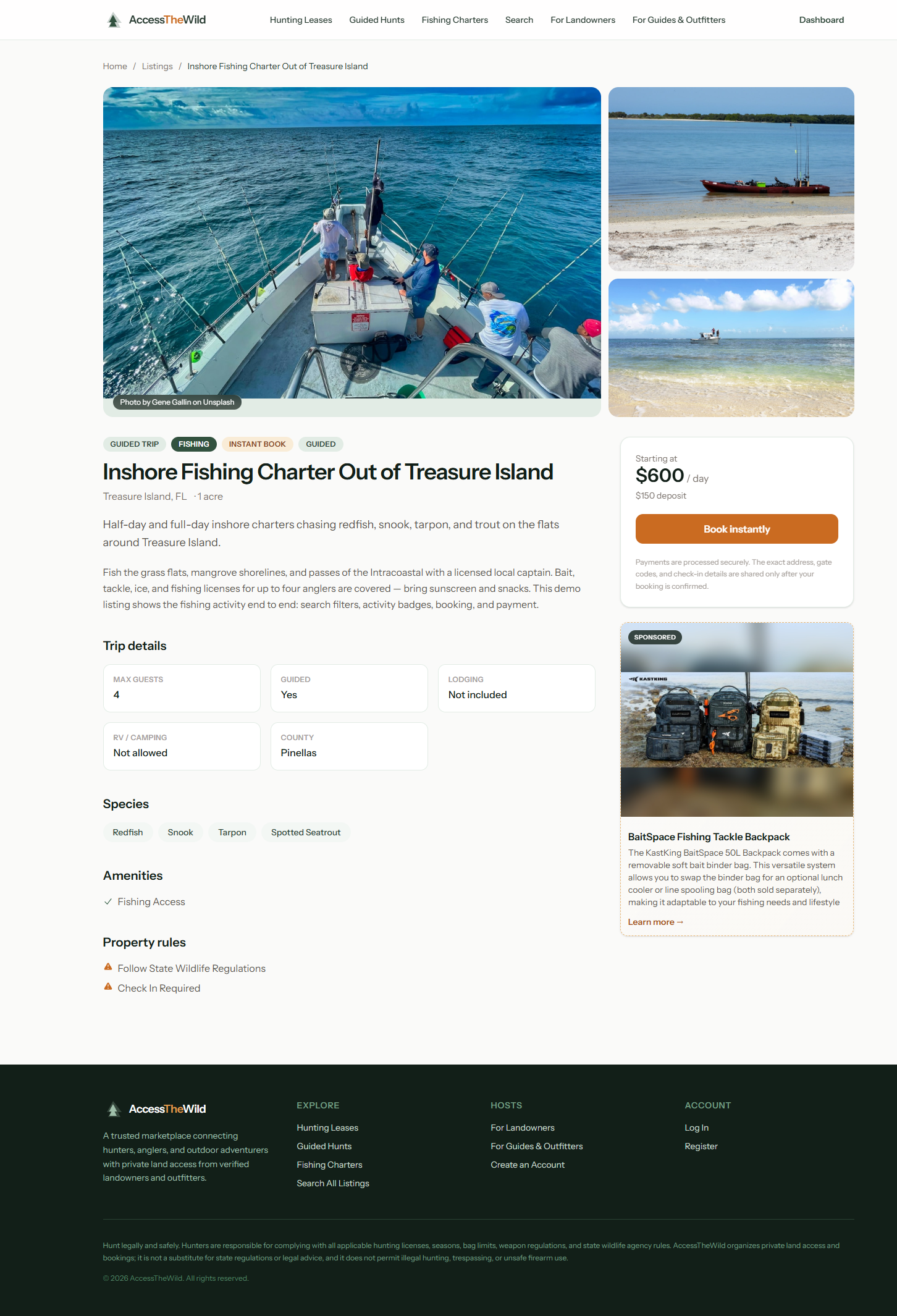 AccessTheWild listing detail page with photo gallery, trip details, and instant book pricing.