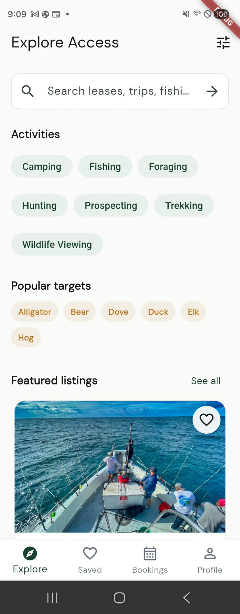 AccessTheWild mobile app explore screen with activity filters and featured listings.