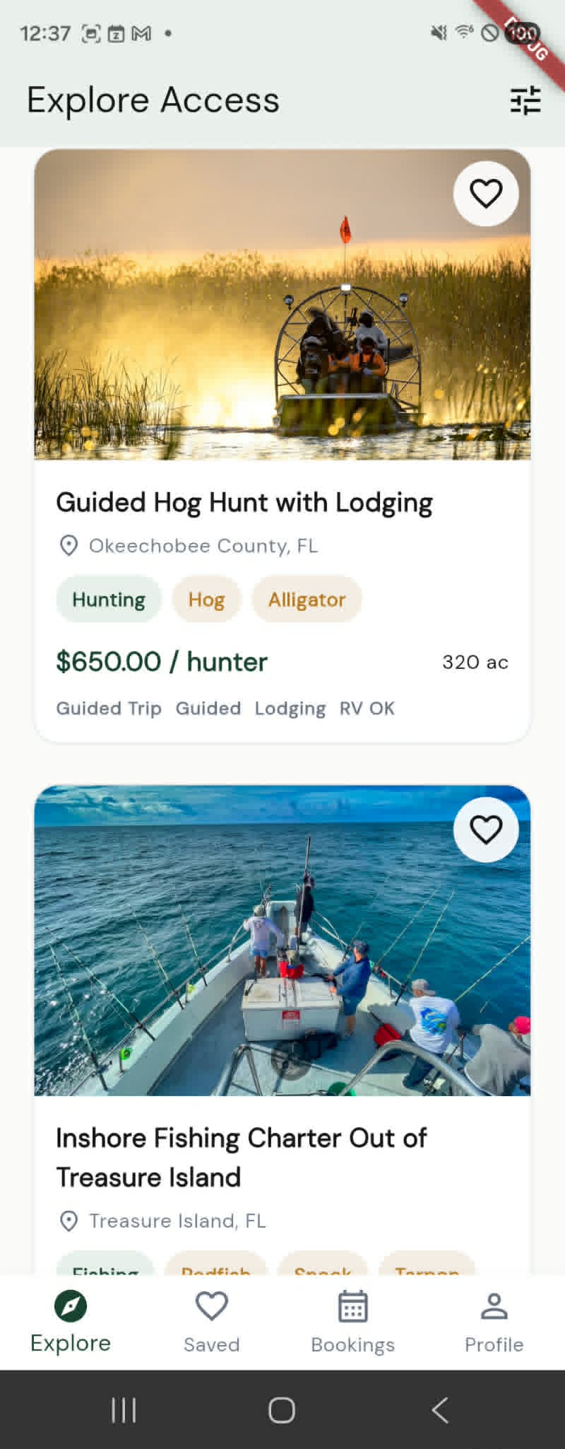 AccessTheWild mobile app home screen with listing discovery.