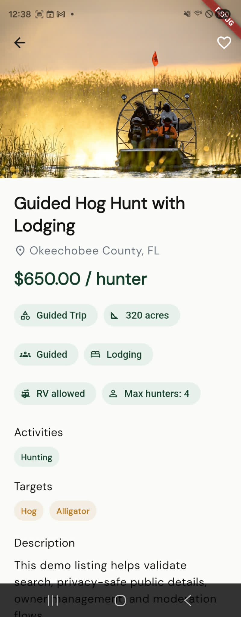 AccessTheWild mobile listing detail with photos and booking actions.