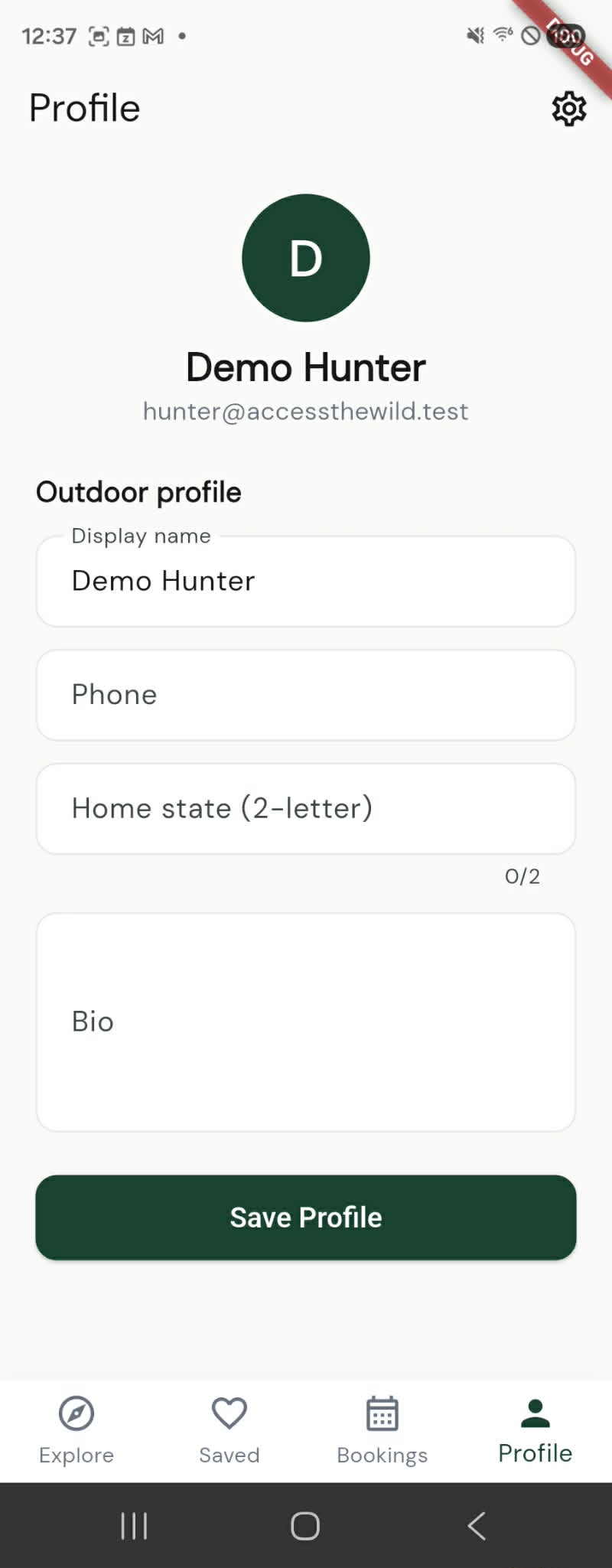 AccessTheWild mobile profile and account settings screen.