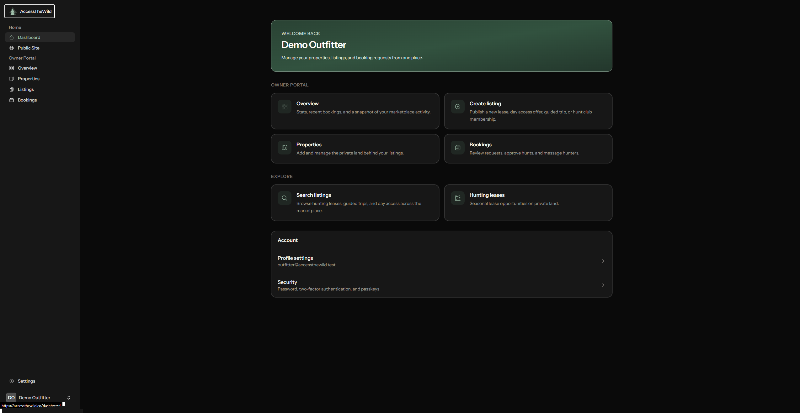AccessTheWild outfitter portal dashboard for guided trip management.