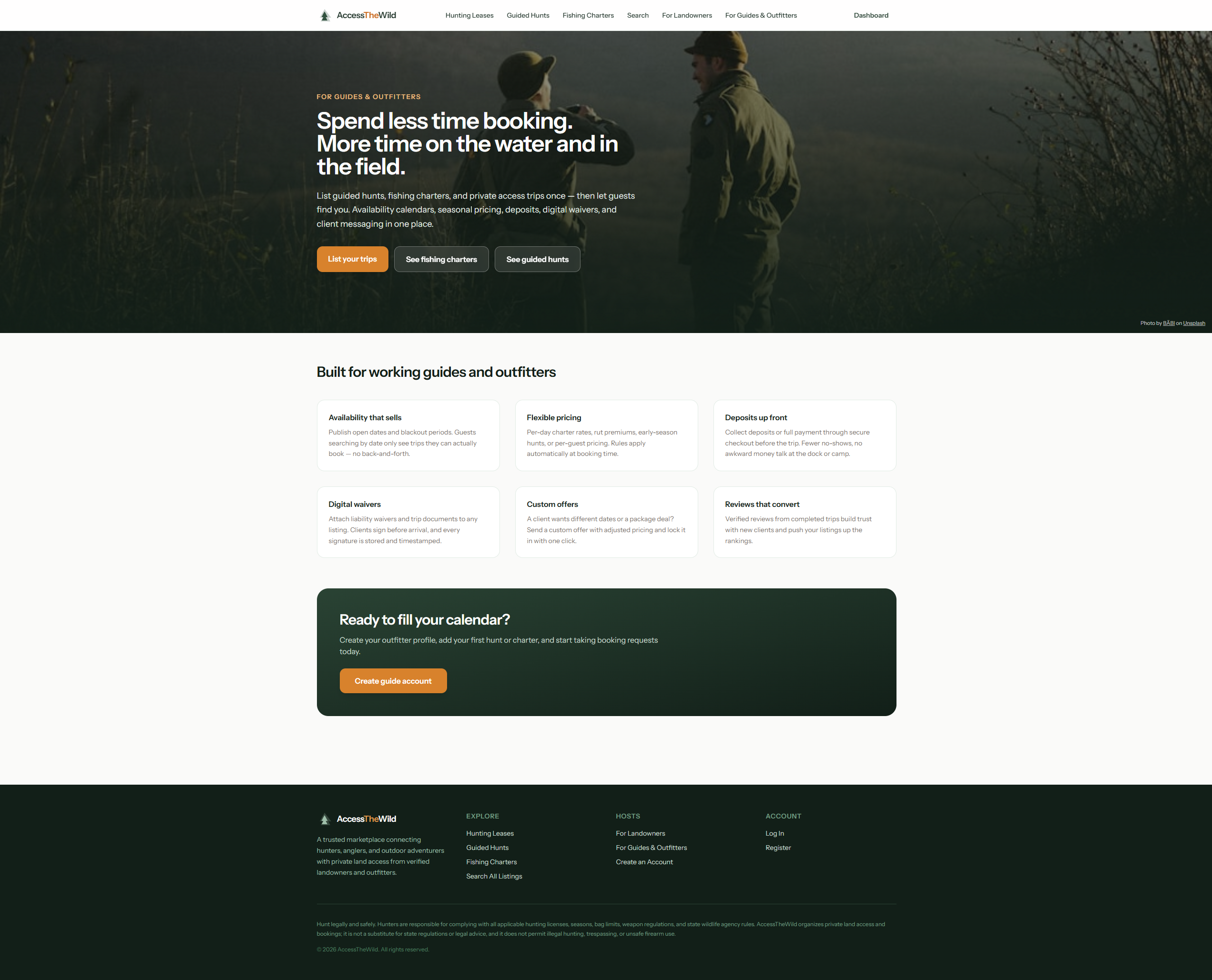 AccessTheWild guides and outfitters landing page with host value proposition.
