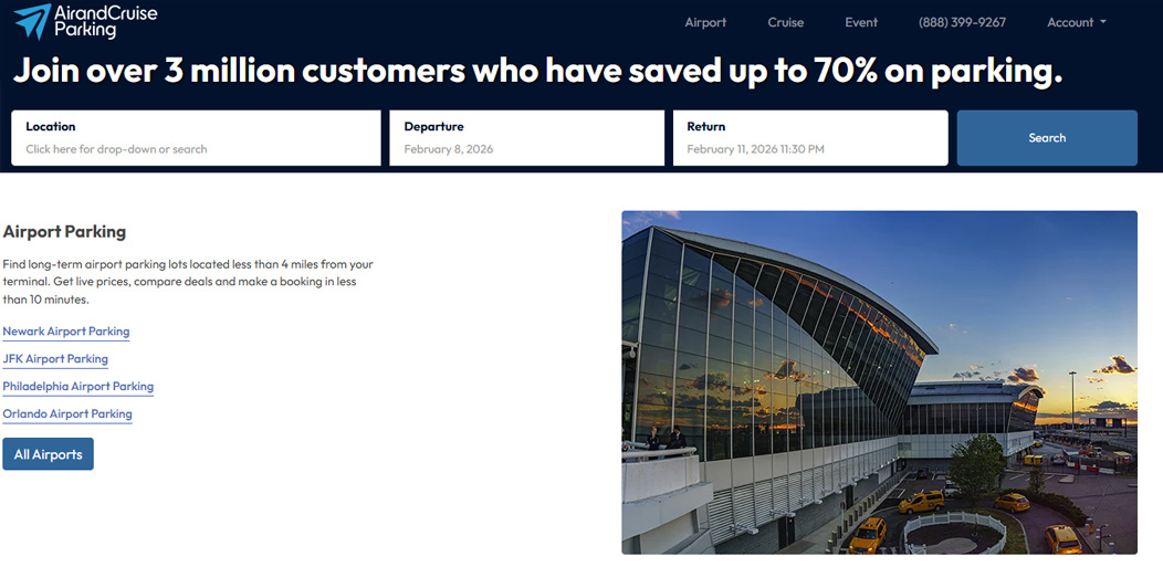 Air and Cruise Parking preview with geometric travel icon.